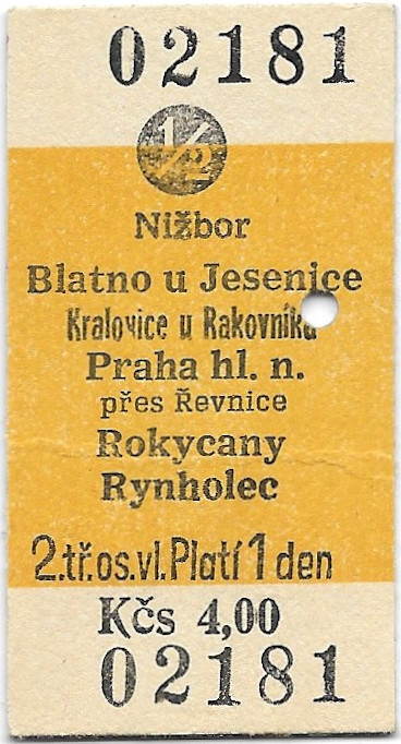 Nižbor - Blatno u Jesenice, Kralovice u Rakovníka, Praha hlavní nádraží, Rokycany, Rynholec (½)